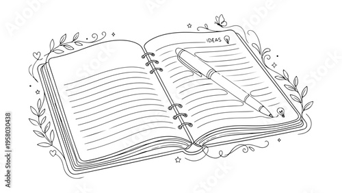 beautiful black and white line art of a open notebook with pen on it on white background