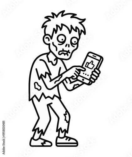 zombie man pointing at a mobile phone with social network like on it, social network making zombies line art vector illustration