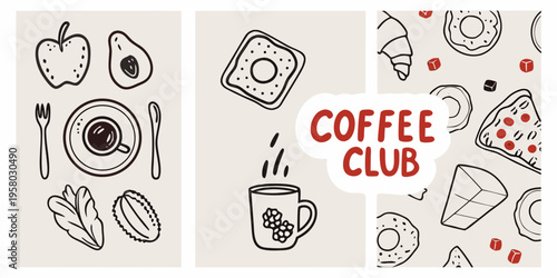 Doodle style breakfast and coffee elements arranged in a triptych design