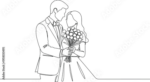 romantic couple holding flowers wedding love continuous line art bride groom relationship elegant minimal illustration modern marriage concept