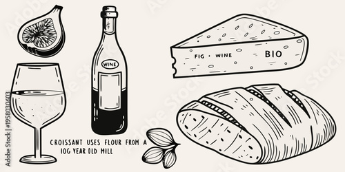 A sketched still life featuring wine cheese figs and baked goods