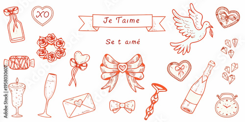 Romantic doodles featuring hearts doves champagne and affectionate phrases