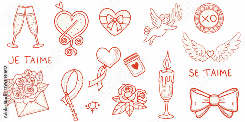 Hand drawn valentine s day doodles featuring hearts champagne and love symbols