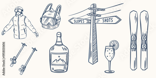 Winter sports and apr s ski elements in a hand drawn style illustration