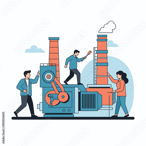 Industrial Factory Production Line with Workers.