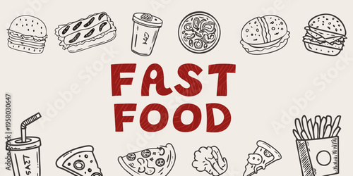A colorful doodle illustration of various fast food items and drinks