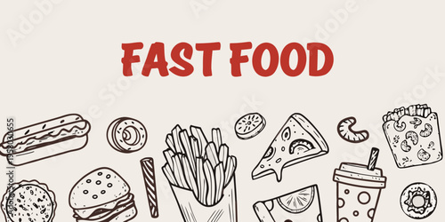 Hand drawn illustration of various fast food items and a bold title