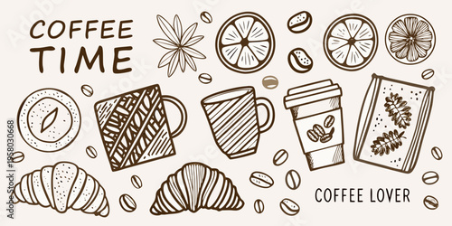 Coffee time illustration with beans cups croissants and citrus slices