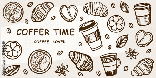 A charming doodle illustration of coffee pastries and to go cups