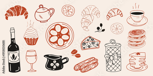 A collection of hand drawn pastries beverages and sweet treats