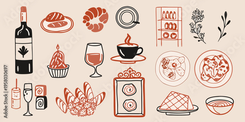 Hand drawn illustration of various foods and beverages in warm tones