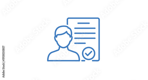 A blue line icon depicting a person s head with a document and checkmark high quality professional