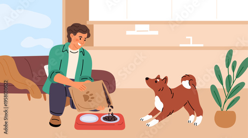 Young man feeds his dog. Care of domestic animal. Guy gives treats to pet. Guy pouring food into feeder bowl from package. Nutrition for home mammal. Owner feeding puppy. Vector concept