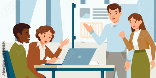 Team members collaborating around a table with a laptop in an office