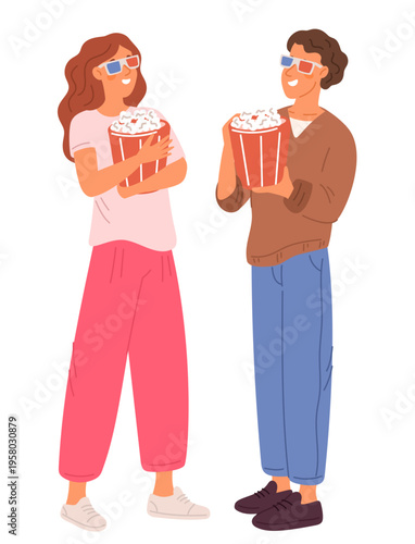 Young man and woman wearing 3D glasses and holding bags of popcorn. People getting ready to watch movie. Film leisure. Happy friends visit cinema together. Couple dating. Vector concept