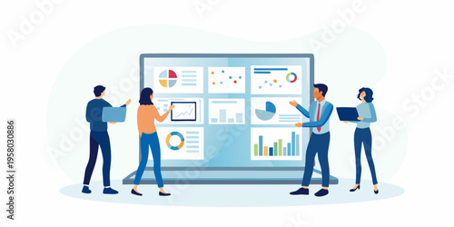 Team analyzing data visualizations on a large screen for business insights
