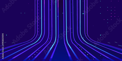 Abstract digital tunnel with glowing blue and purple lines extending inward