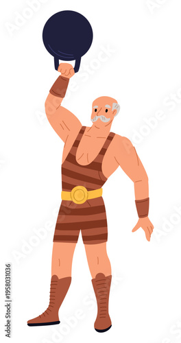 Very strong elderly man in striped suit lifts heavy weight with one hand. Elderly strongman. Senior bodybuilder. Sportsman weightlifting. Circus athlete with dumbbell. Vector concept