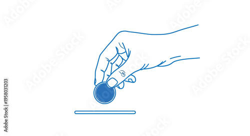 A blue line drawing depicts a hand dropping a circular object into a slot high quality