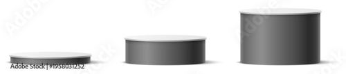Realistic gray round podiums in various sizes. 3D pedestals for displaying goods. Product presentation base with shadow. Showcase scene. Cylinder stp stage. Vector set of cylindrical stands