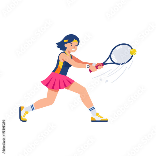 Female tennis player in action hitting a forehand shot.