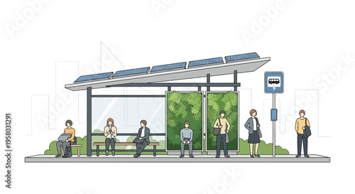 Modern Solar Powered Bus Stop with People Waiting.