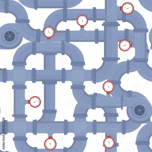 Intertwining water pipes with pumps and pressure gauges seamless pattern. Curved tube constructions. Sewer faucets. Repeated print. Pipeline drainage. Sewerage repair. Vector background