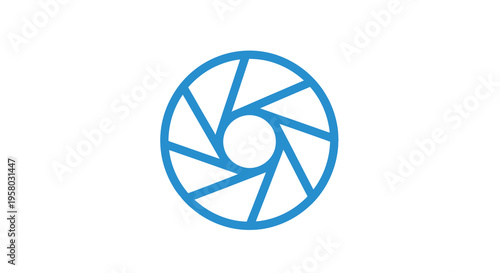 A vibrant blue circular design resembling a camera aperture or iris is shown high quality professional