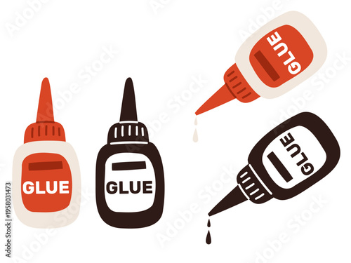 Image tube of glue. Falling drip from bottle dropper. Stationery adhesive drops. Handmade craft or repair tools. Fixing gel phial. Vector set of icons of bubble with biting solution