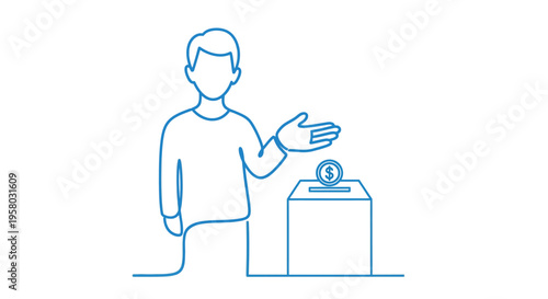 A simple line drawing depicts a person gesturing toward a donation box with a coin