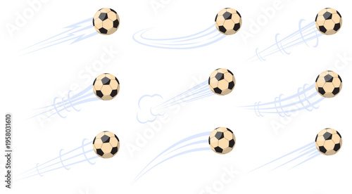 Flying soccer balls with air movement marks. Speed motion flow. Track effect. Championship hit and pass. Flight trail. Tournament shot. Vector set of sports equipment for playing football