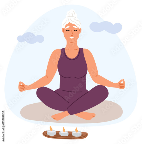 Elderly woman meditates sitting in lotus position with her eyes closed. Senior female practicing yoga asana and flexibility exercises. Aroma candles. Calm and wellness. Vector concept