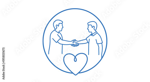 A simple blue line drawing depicts two people shaking hands over a heart high quality professional