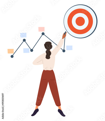 Businesswoman charts path to achieving goals. Strategic business planning. Woman finding effective way to reach success. Project flowchart. Work target. Workflow process. Vector concept