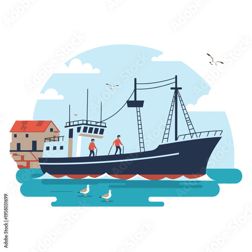 Fishing Boat Sailing Near Coastal Building with Seagulls.