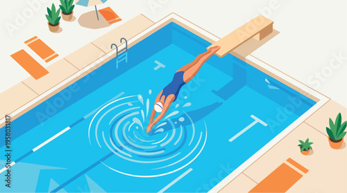 Swimmer diving into a pool creating ripples in the water.