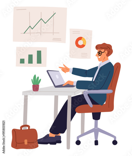 Businessman works on his laptop analyzing financial charts and graphs. Successful man reviews business data. Employee at workplace. Economy infographic. Finance management. Vector concept
