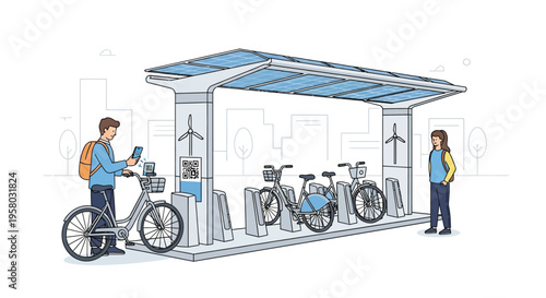 Modern sustainable bicycle sharing station with solar panels and wind turbines.