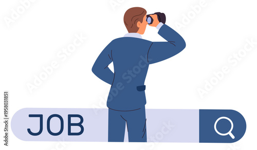 Businessman with binoculars looking for work. Man searching for job using internet search. Career and recruitment. Hiring candidates. Employment app. Web browser bar. Vector concept