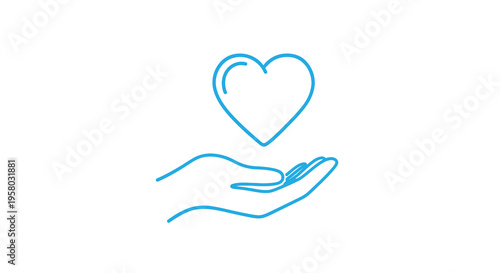 A simple blue line drawing depicts a hand gently cradling a heart shape high quality professional