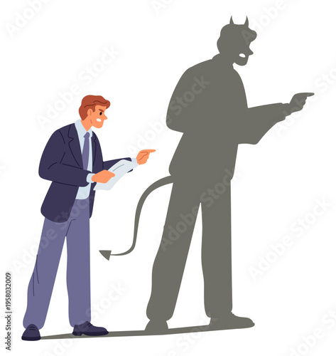 Aggressive businessman with shadow in form of devil or demon. Inner evil. Satan boss. Angry manager. Abusive office management. Leadership and success. Monster disguise. Vector concept