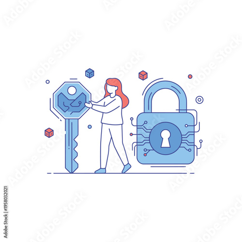 Cybersecurity concept with person holding key and digital lock.