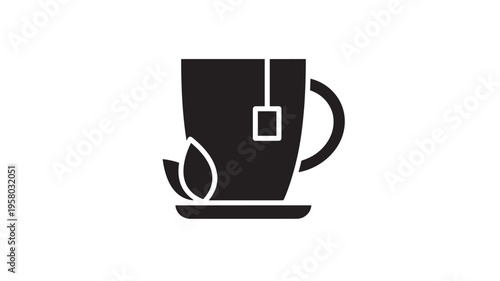 Cup of tea icon with tea bag and leaves, minimalist black silhouette on a white background for graphic design elements.