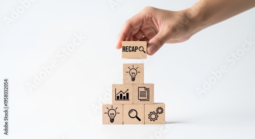 Conceptual business recap concept with wooden blocks isolated on transparent background
