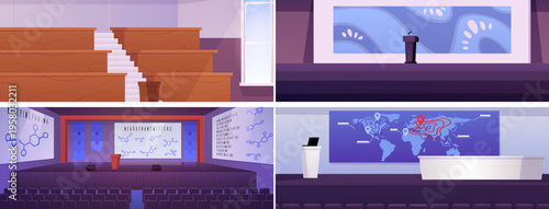 A set of empty lecture hall backgrounds with pricing, a podium, a screen, and rows.