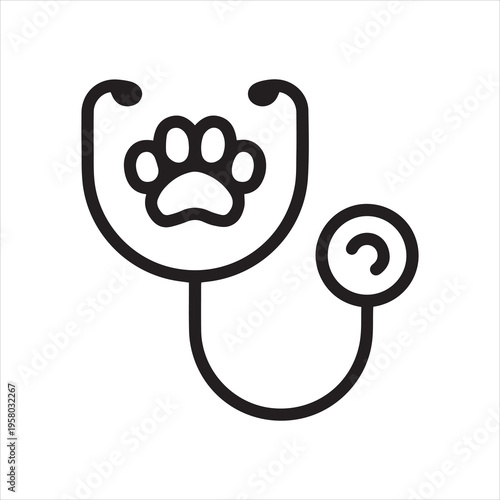 Veterinary stethoscope with paw print linear icon. pet health check, vet care, and animal diagnostics. Editable stroke.