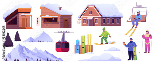 Ski resort set, buildings, snow, fir trees, characters, skis, snowboard, ski lift.