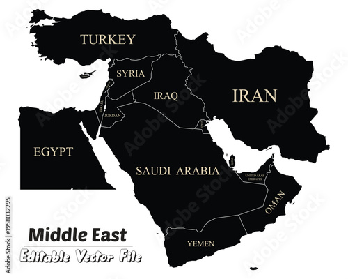 Middle East countries map with country names in golden text