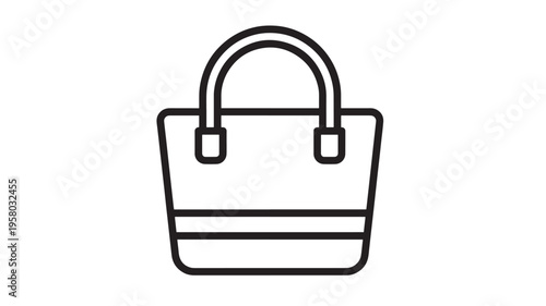 Tote bag simple outline icon with two handles and two horizontal stripes on the front face of the bag.