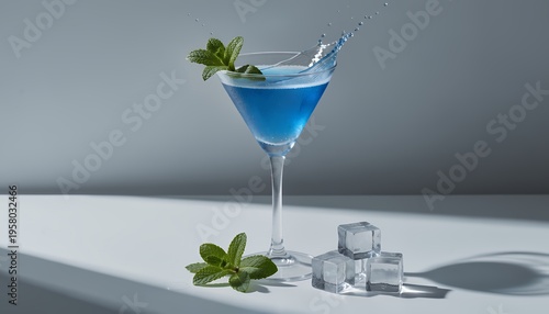 Blue Cocktail Drink in Martini Glass with Mint Garnish and Ice Cubes
